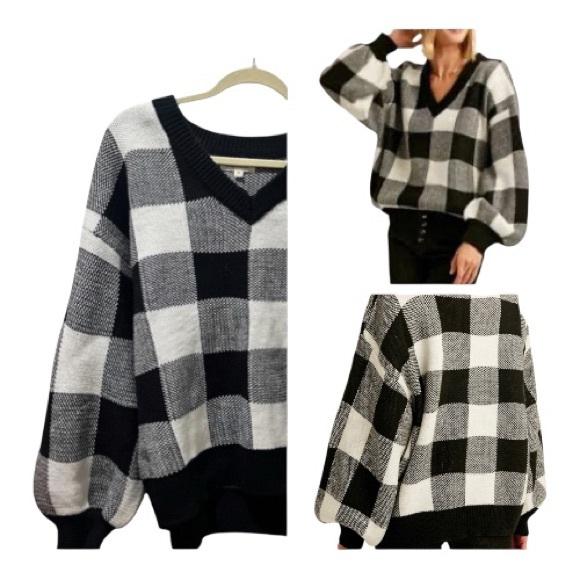 Listicle Black and White V-Neck Sweater - Picture 2 of 7